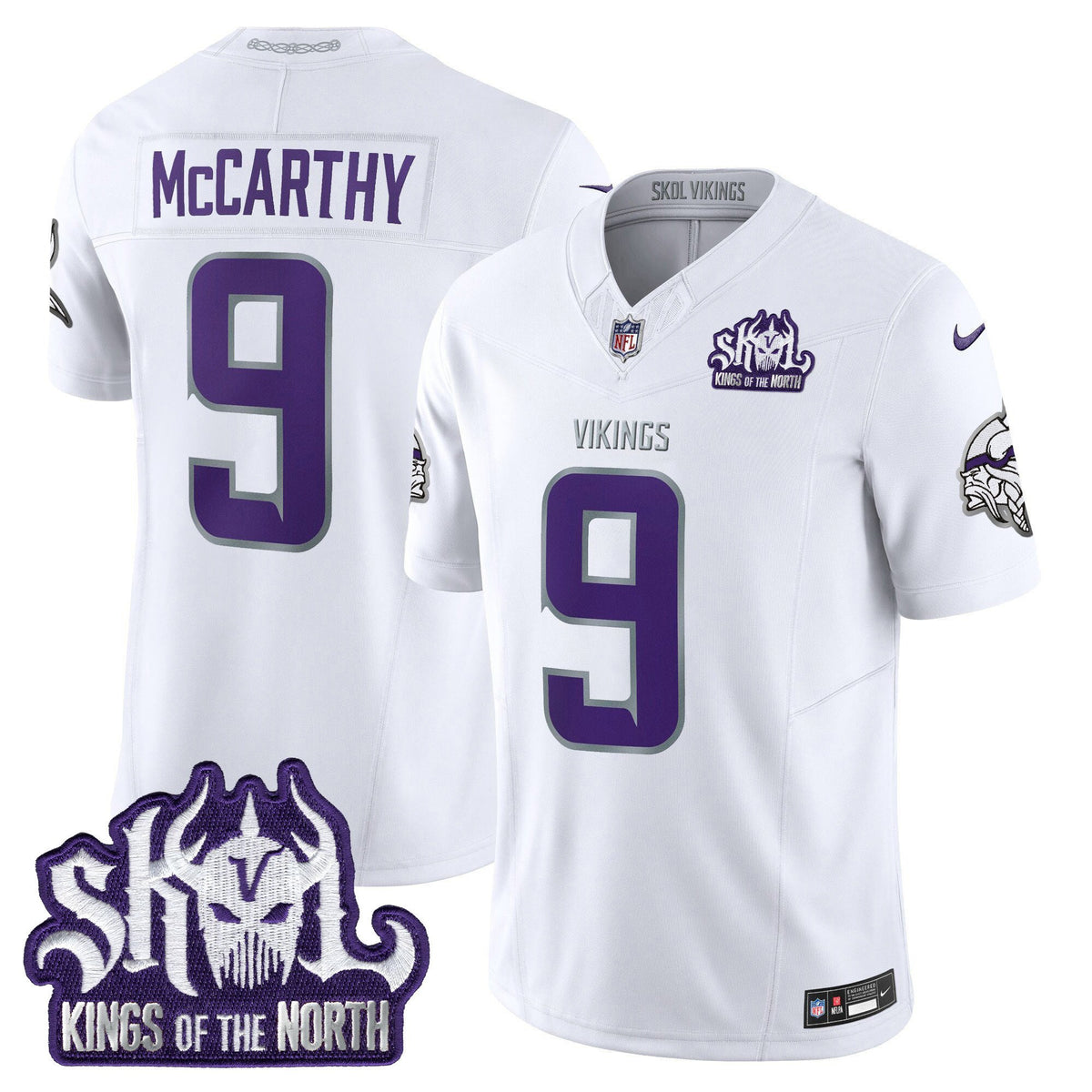 J. J McCarthy Minnesota Vikings 2024 Winter Warrior Skol Patch Jersey - All Stitched - White — view 1