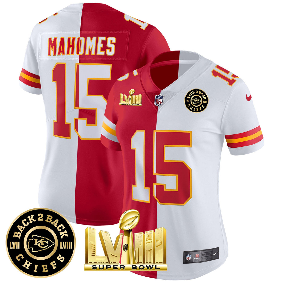 Women's Chiefs Super Bowl LVIII & Back 2 Back Patch Vapor Jersey V4 - All Stitched - Split - Patrick Mahomes — view 1