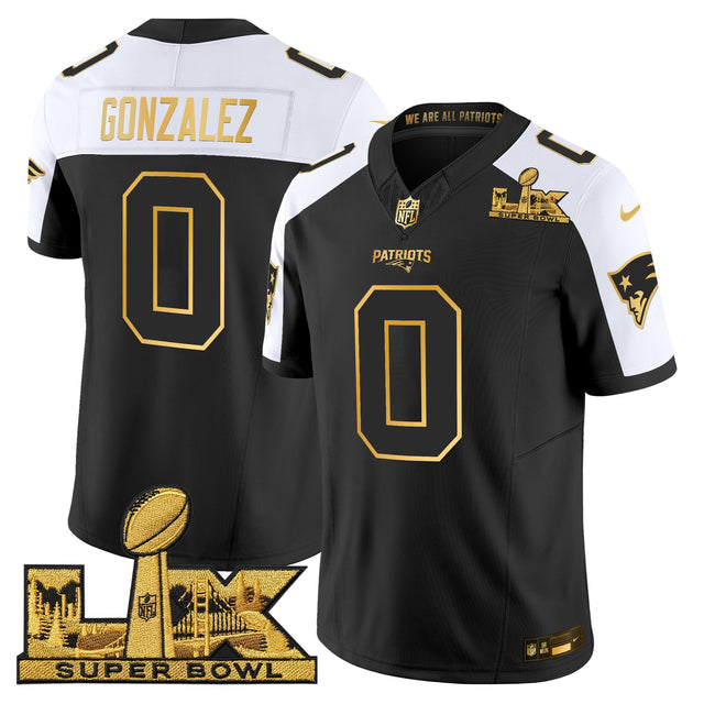 Men's New England Patriots Super Bowl LX Gold Vapor Limited Jersey - All Stitched - Alternate - Christian Gonzalez — view 1
