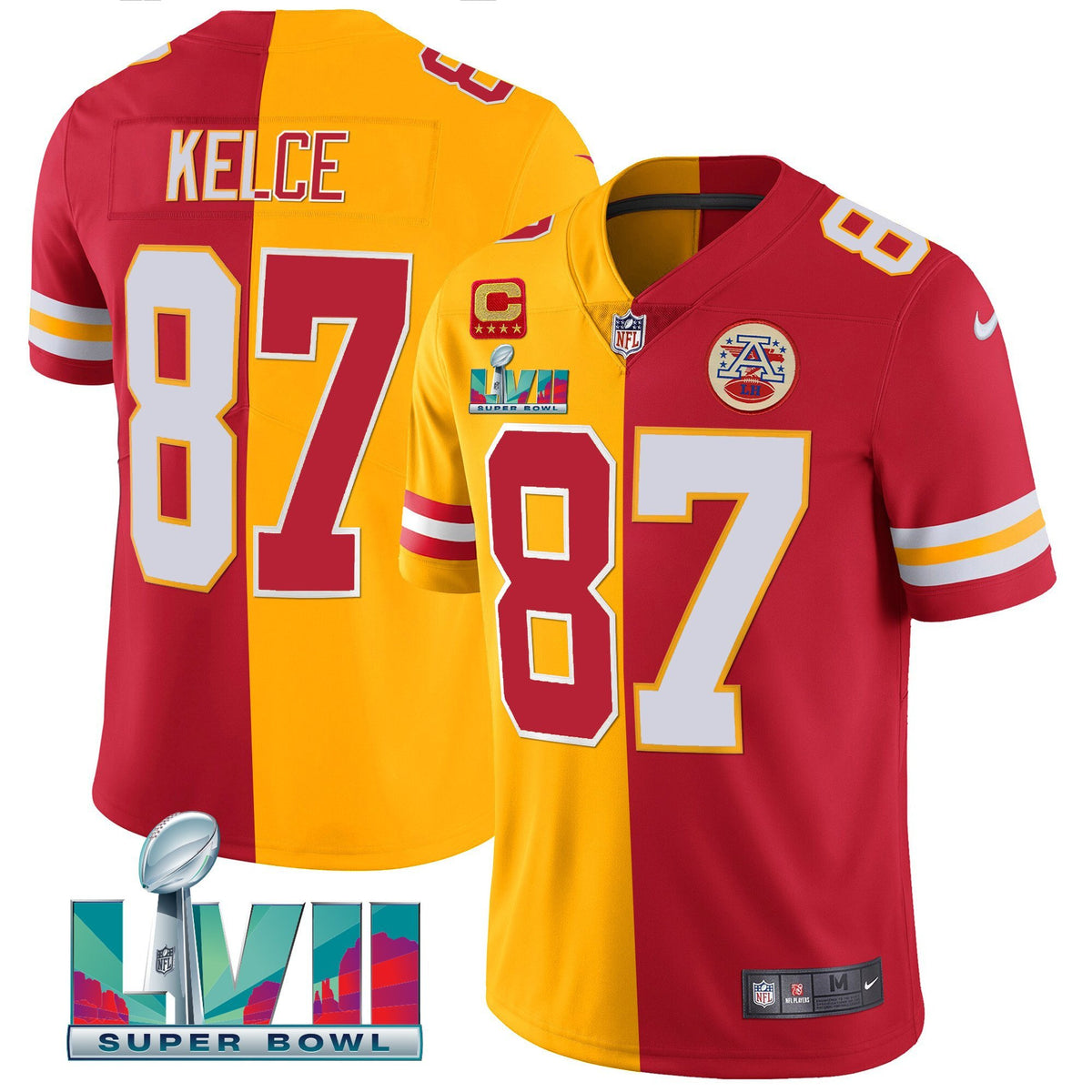 Men's Chiefs Super Bowl LVII Vapor Player Jersey - All Stitched - Split Red-Gold - Travis Kelce — view 1