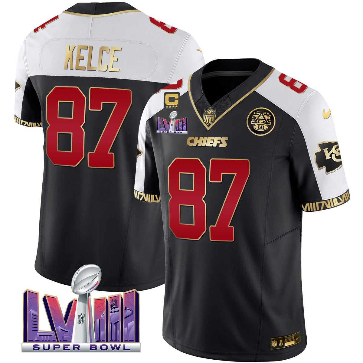 Men's Chiefs Super Bowl LVIII Pattern Vapor Jersey V2 - All Stitched - Black Alternate - Travis Kelce — view 1