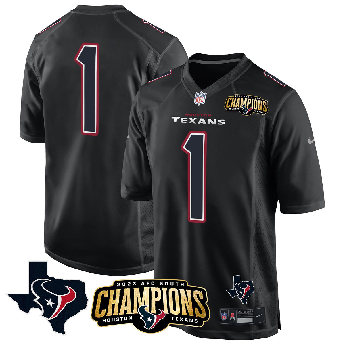 Men's Houston Texans 2023 AFC South Champions Patch Game Jersey - All Stitched - Black - #1 Team — view 1