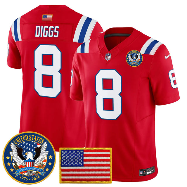 Men's New England Patriots United States 250th Anniversary Patch Vapor Limited Jersey - All Stitched - Red - Stefon Diggs — view 1