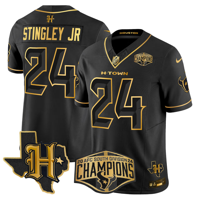 Men's Houston Texans 2024 AFC South Division Champions Patch Gold Vapor Limited Jersey - All Stitched - Black Gold - Derek Stingley Jr — view 1