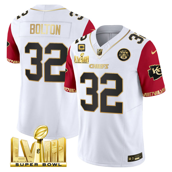 Men's Chiefs Super Bowl LVIII Pattern Gold Vapor Jersey - All Stitched - Color Sleeves - Nick Bolton — view 1