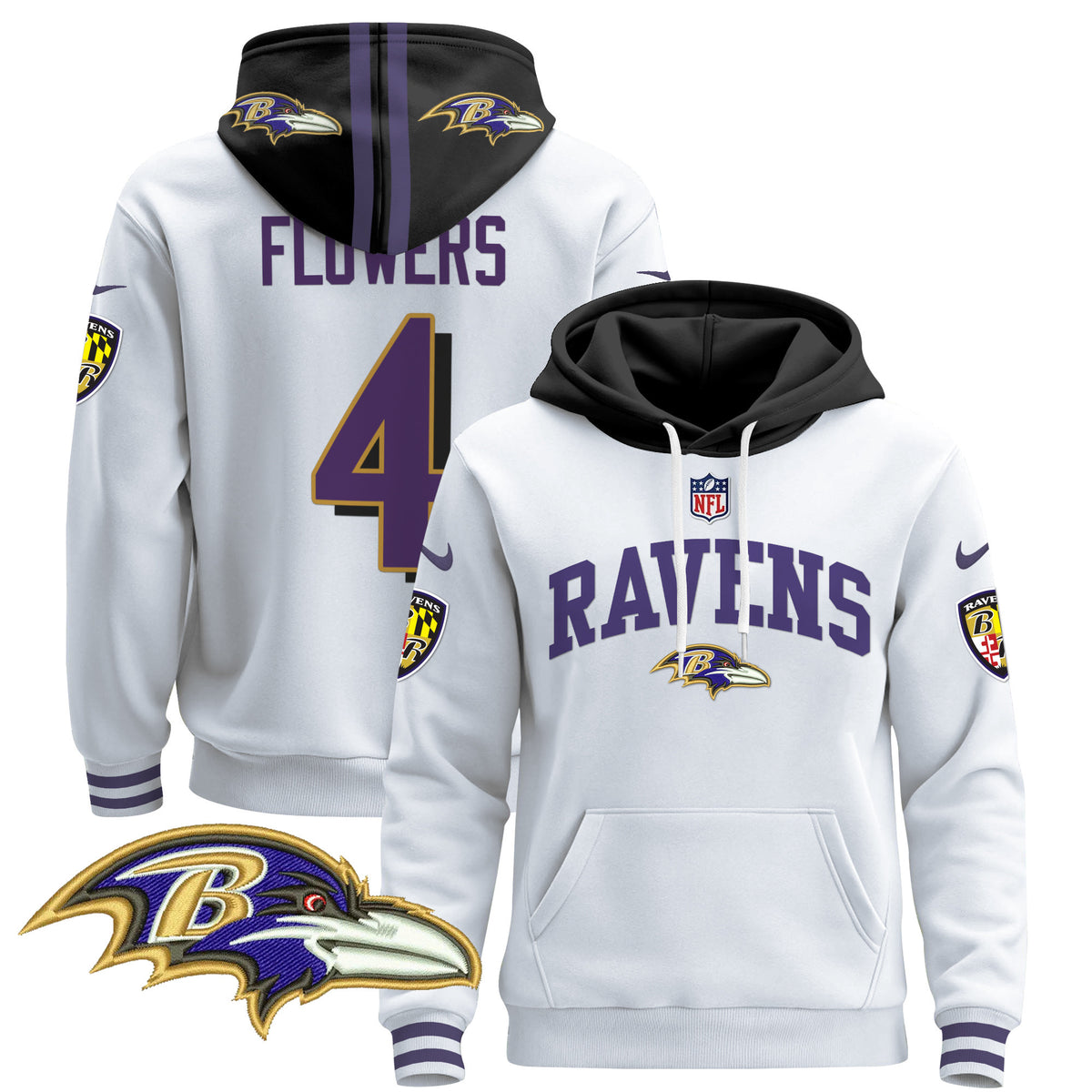 Men's Baltimore Ravens 2024 Pullover Hoodie V2 - All Stitched - White - Zay Flowers — view 1