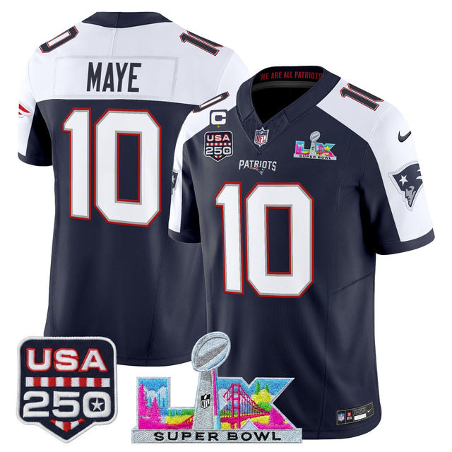 Men's New England Patriots Super Bowl LX & United States 250th Anniversary Patch Vapor Limited Jersey - All Stitched - Navy Alternate - Drake Maye — view 1