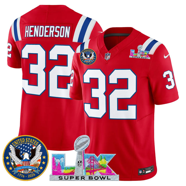 Men's New England Patriots Super Bowl LX & United States 250th Patch Vapor Limited Jersey - All Stitched - Red - TreVeyon Henderson — view 1