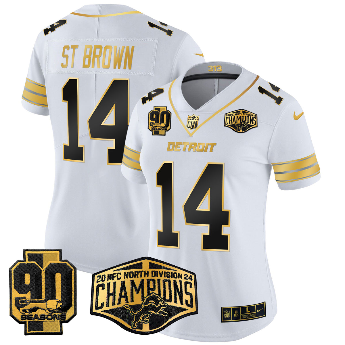 Women's Detroit Lions 2024 NFC North Division Champions Patch Gold Vapor Limited Jersey - All Stitched - White Gold - St. Brown — view 1