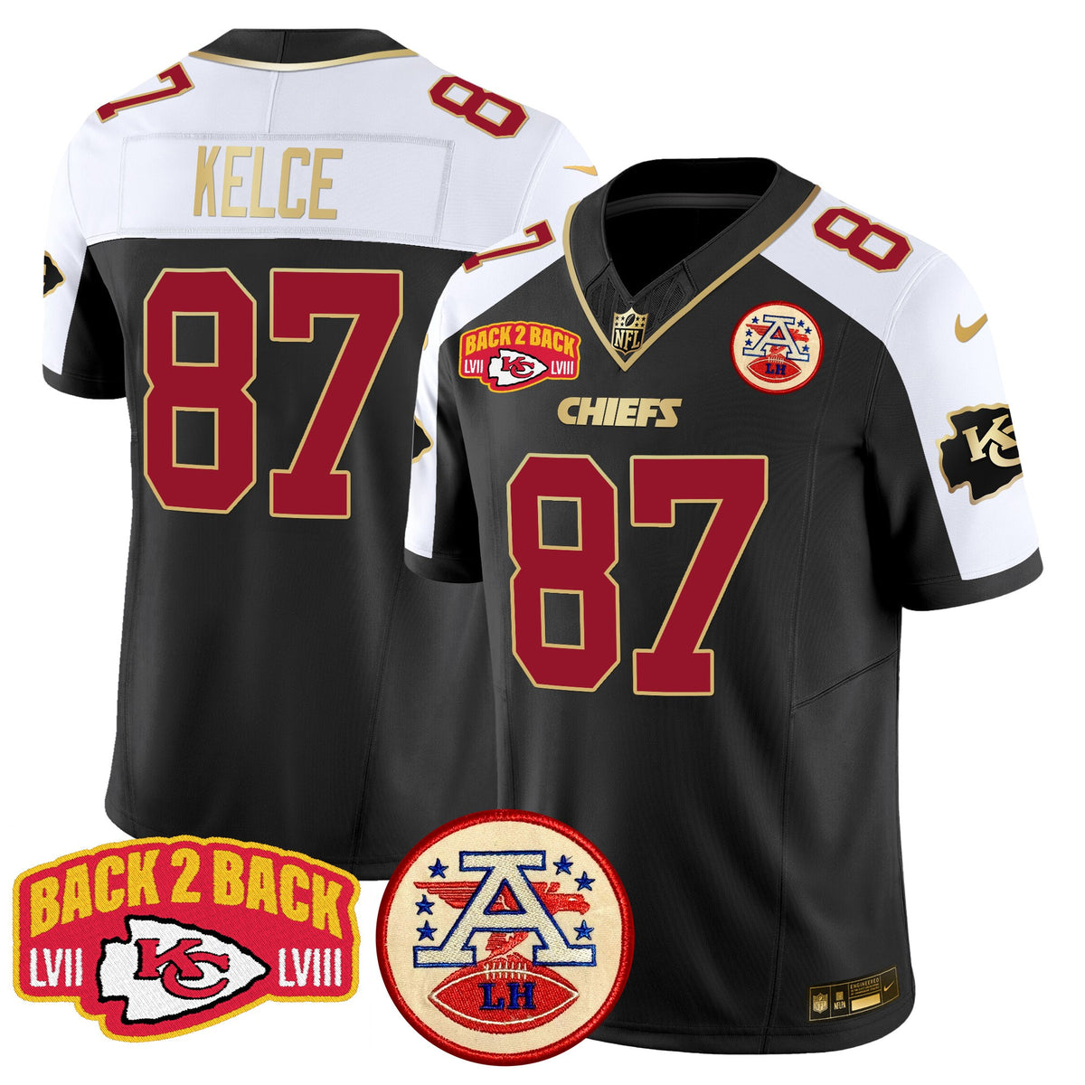 Men's Chiefs Super Back 2 Back Patch Vapor Limited Jersey - All Stitched - Black Alternate - Travis Kelce — view 1