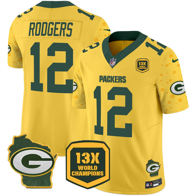 Men's Green Bay Packers 2025 Cheese Vapor Limited Jersey – All Stitched - Gold - Aaron Rodgers — view 1