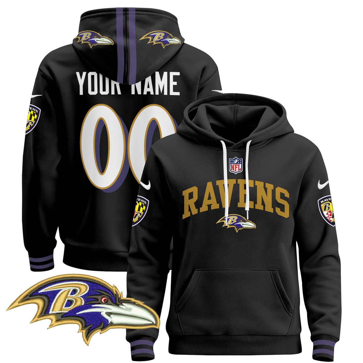 Baltimore Ravens 2024 Custom Pullover Hoodie V2 - All Stitched - Black — view 1