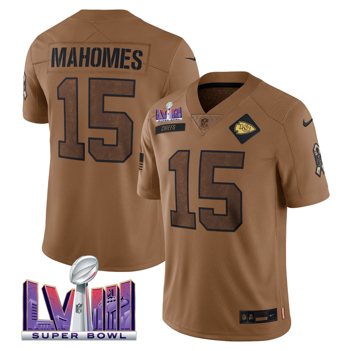 Chiefs Super Bowl LVIII Patch Salute To Service Brown Limited Jersey - All Stitched - Patrick Mahomes — view 1