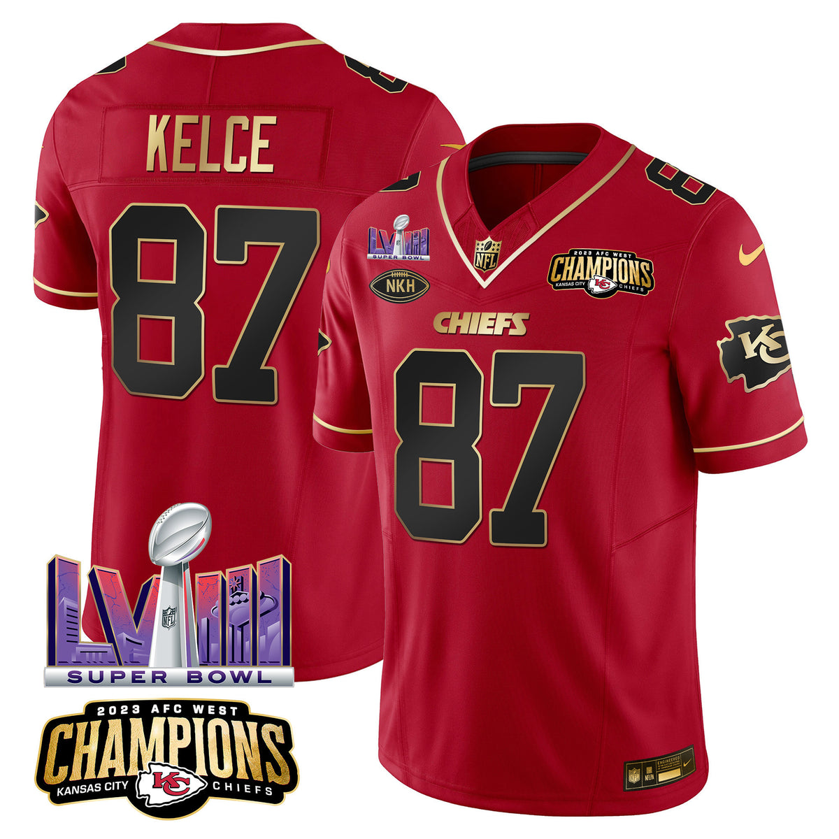 Men's Chiefs AFC West Champions & Super Bowl LVIII Patch Vapor Jersey - All Stitched - Red Special - Travis Kelce — view 1
