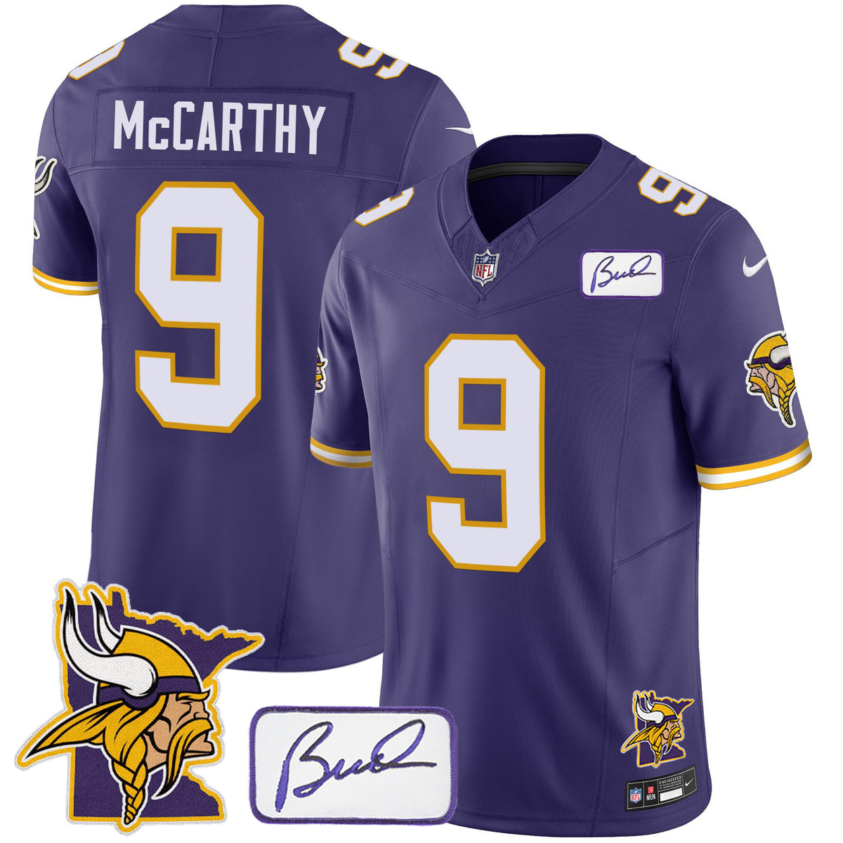 Men's Vikings Bud Grant & Minnesota Patch Classic Limited Jersey - All Stitched - Purple - J.J.Mccarthy — view 1