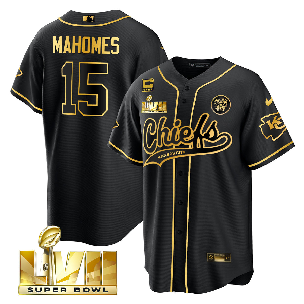 Men's Chiefs Super Bowl LVII Cool base Jersey - All Stitched - Black Gold - Patrick Mahomes — view 1