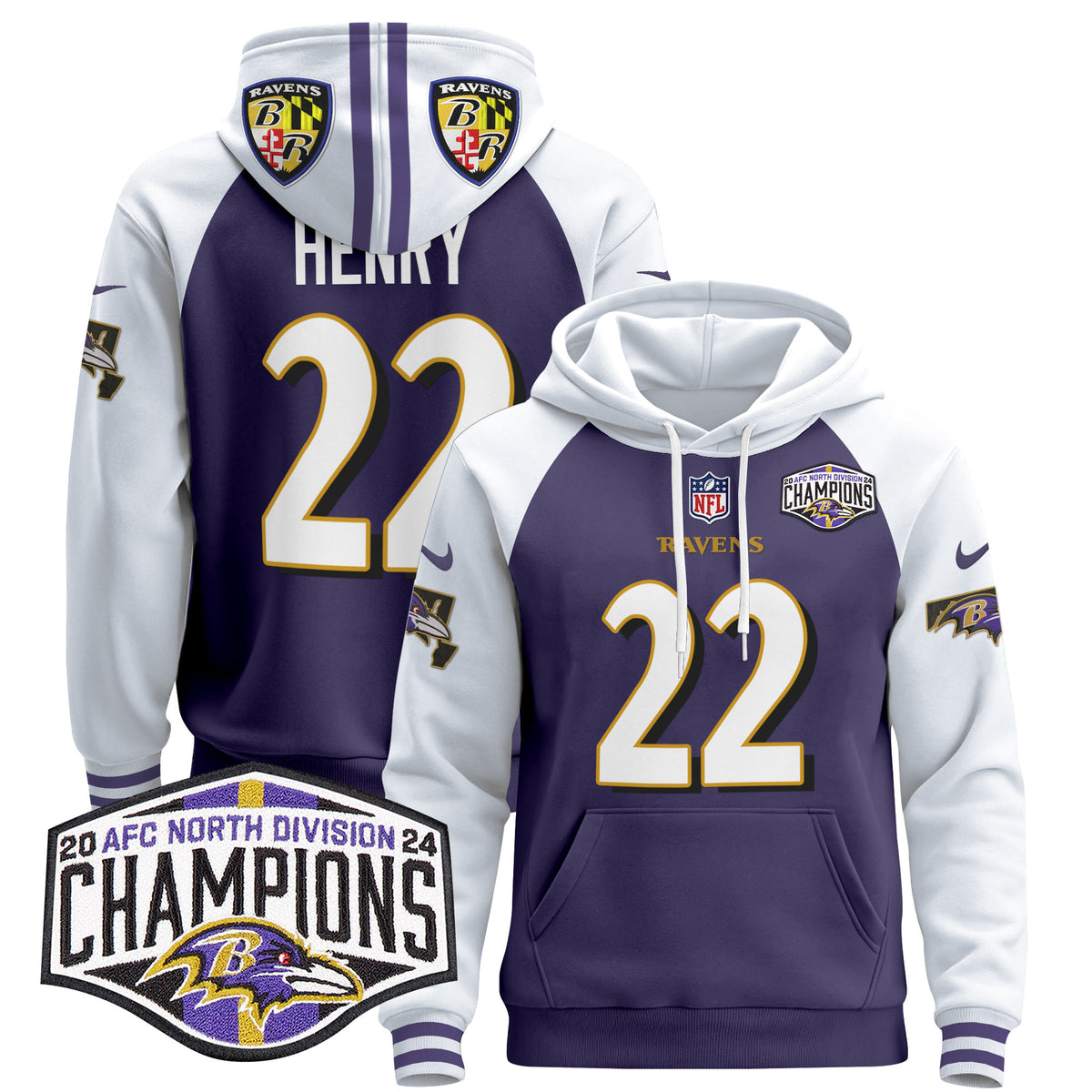 Men's Baltimore Ravens 2024 AFC North Division Champions Patch Pullover Hoodie V2 - All Stitched - Purple Alternate - Derrick Henry — view 1