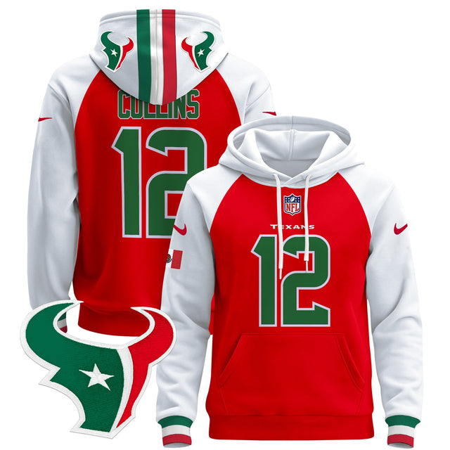 Men's Houston Texans Mexico 2024 Pullover Hoodie - All Stitched - Red Alternate - Nico Collins — view 1