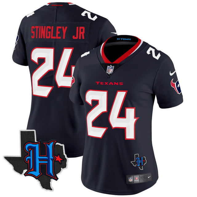 Women's Houston Texans 2024 Texas Patch Vapor Limited Jersey - All Stitched - Navy - Derek Stingley Jr — view 1