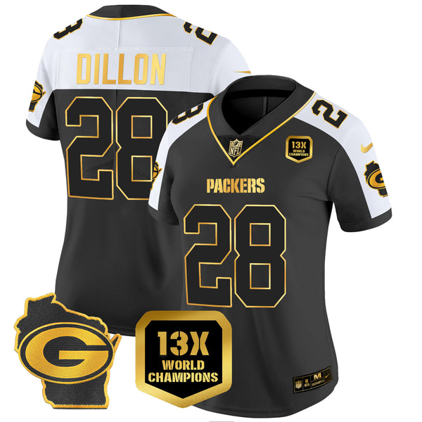 Women's Packers 13 Time World Champions & Home Patch Gold Vapor Jersey – All Stitched - Alternate - AJ Dillon — view 1