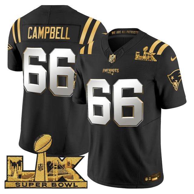 Men's New England Patriots Super Bowl LX Gold Vapor Limited Jersey - All Stitched - Black Limited - Will Campbell — view 1