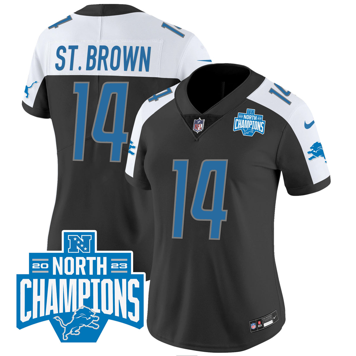 Women's Detroit Lions 2023 NFC North Division Champions Patch Vapor Jersey - All Stitched - Black Alternate - St. Brown — view 1