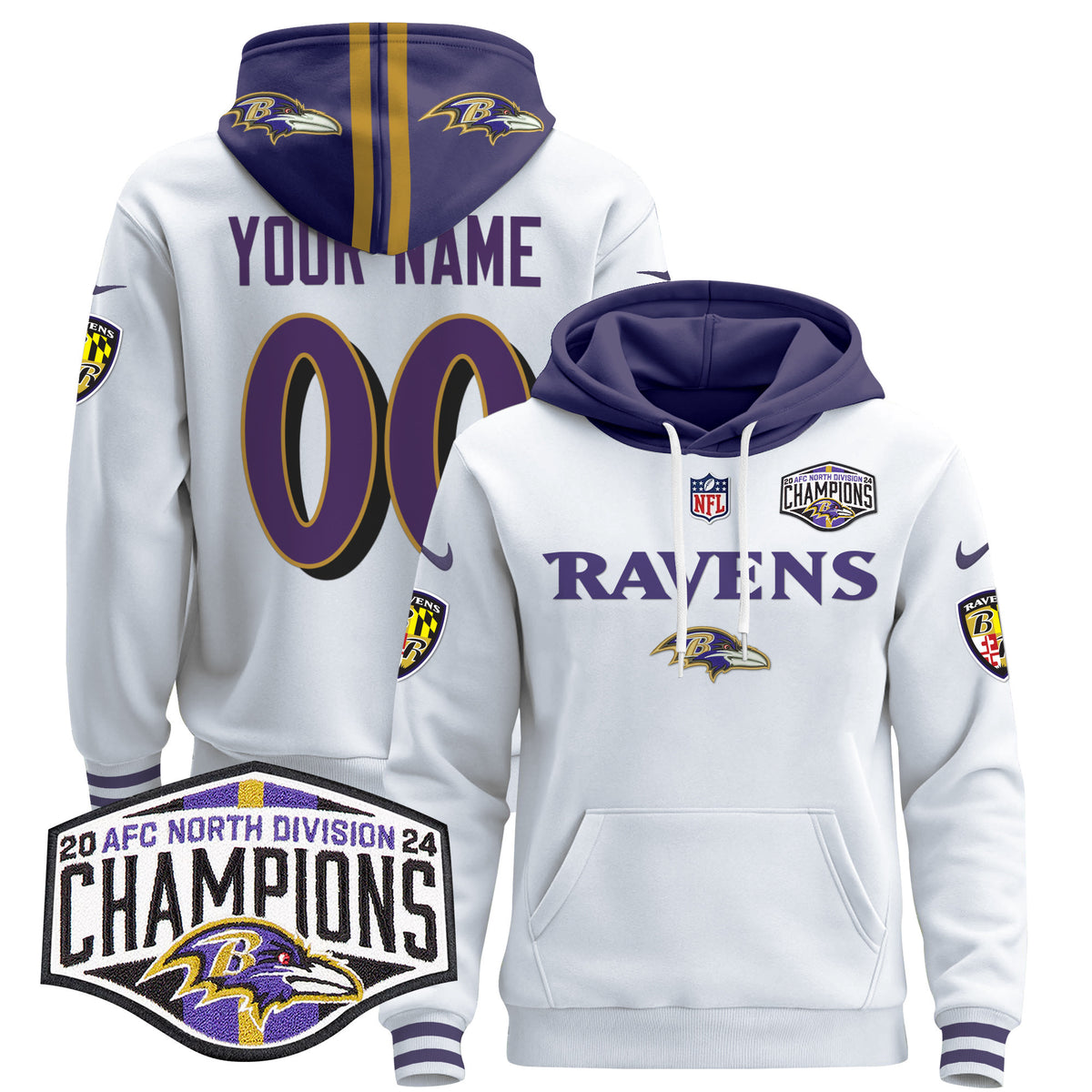 Baltimore Ravens 2024 AFC North Division Champions Patch Custom Pullover Hoodie - All Stitched - White — view 1