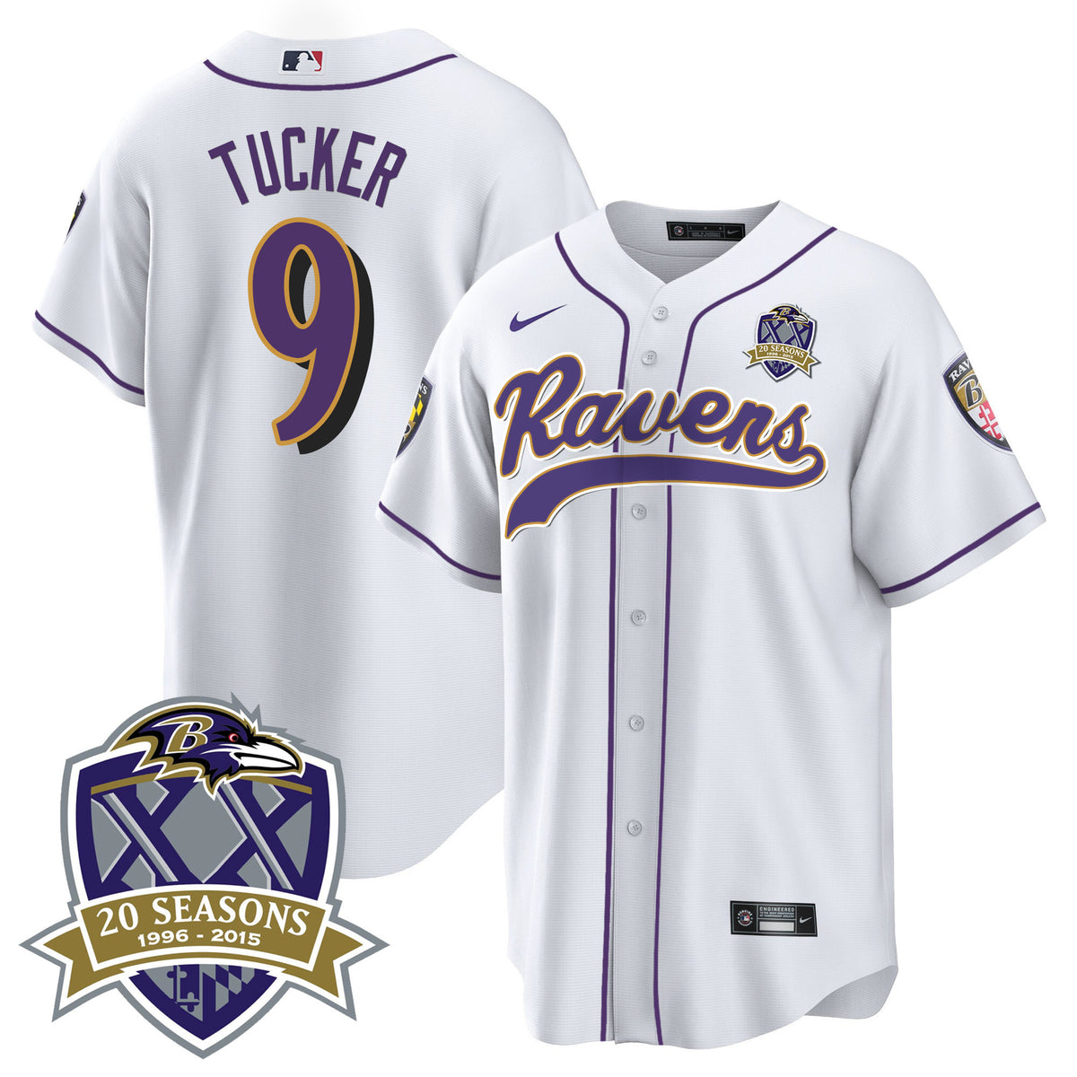 Men's Ravens 20th Season Patch Baseball Jersey - All Stitched - White - Justin Tucker — view 1