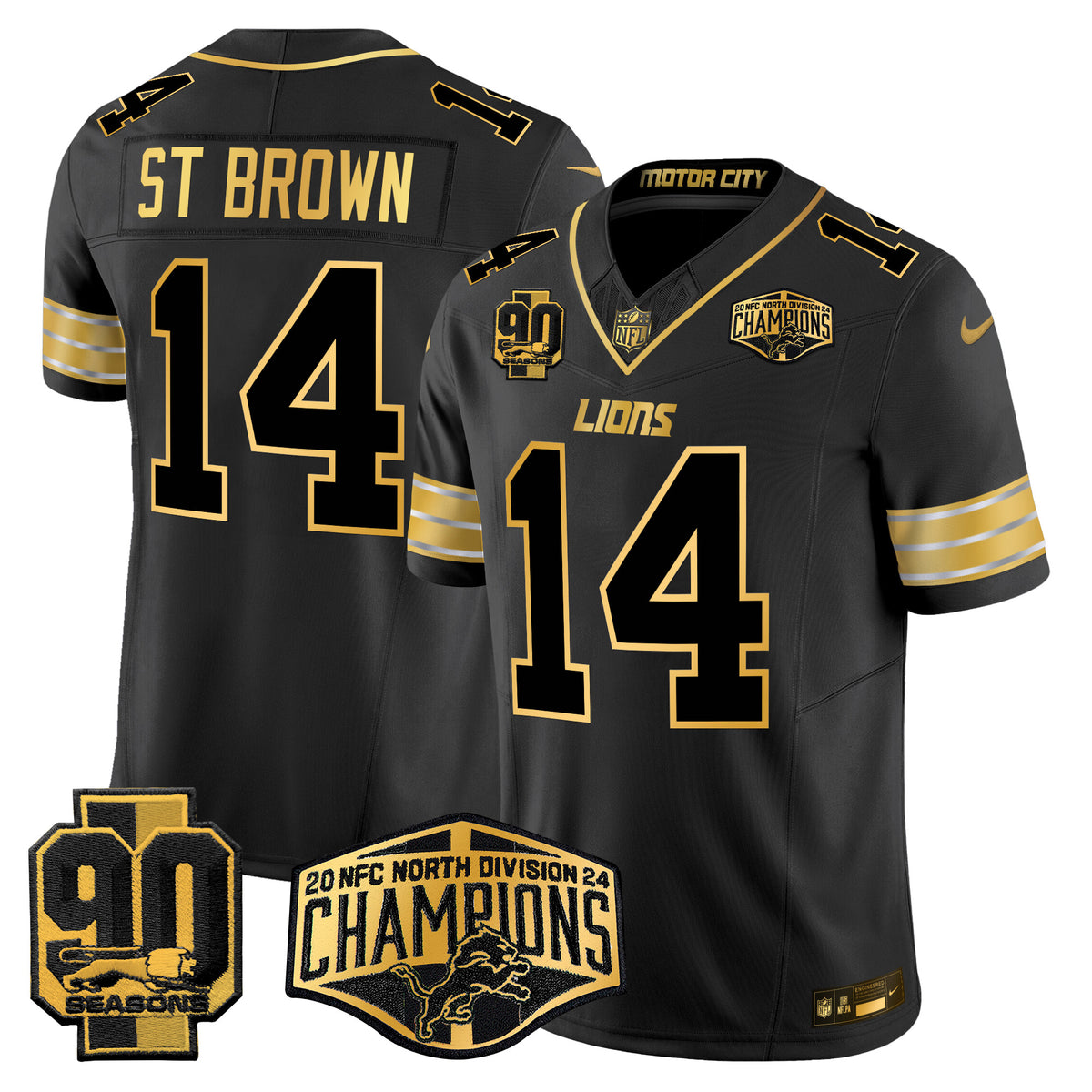 Men's Detroit Lions 2024 NFC North Division Champions Patch Gold Vapor Limited Jersey - All Stitched - Black Gold - St. Brown — view 1