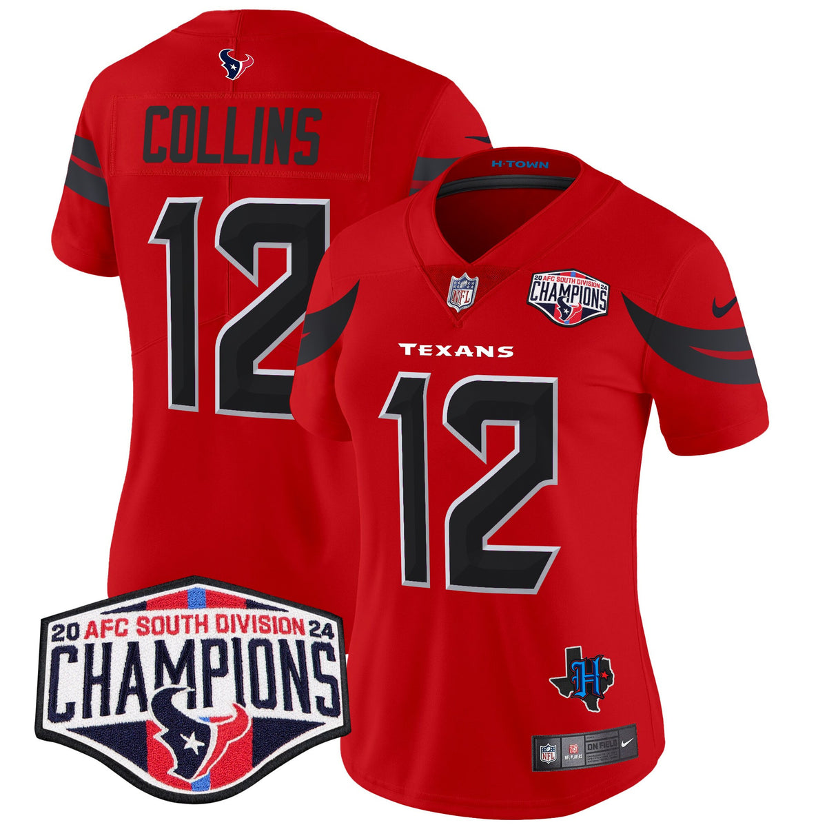 Women's Houston Texans 2024 AFC South Division Champions Patch Vapor Limited Jersey - All Stitched - Red - Nico Collins — view 1