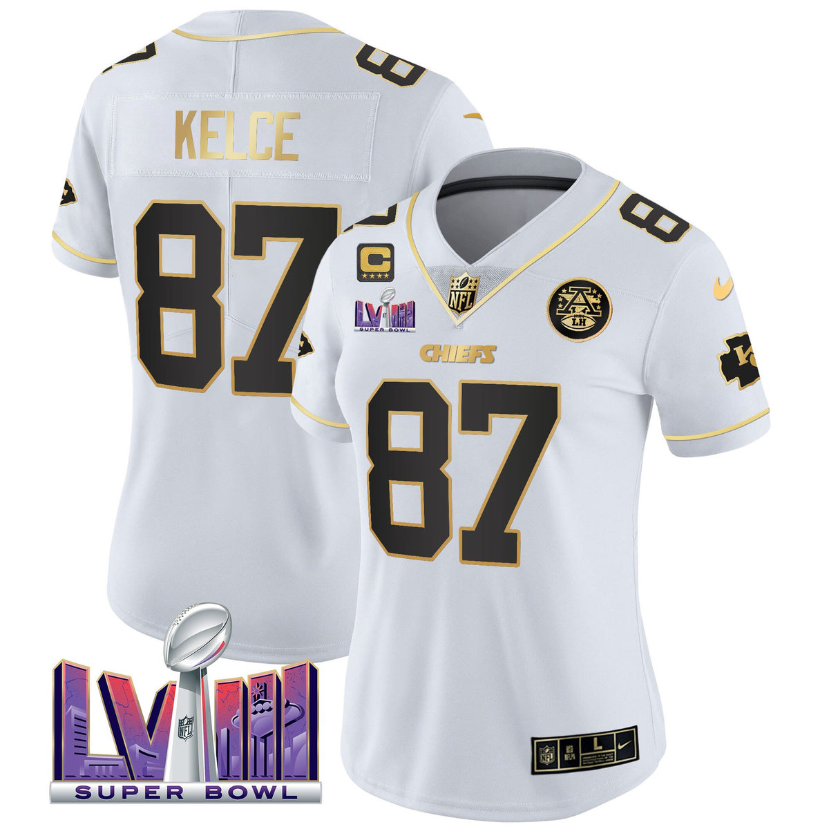 Women's Chiefs Super Bowl LVIII Patch Vapor Jersey V4 - All Stitched - White Gold - Travis Kelce — view 1