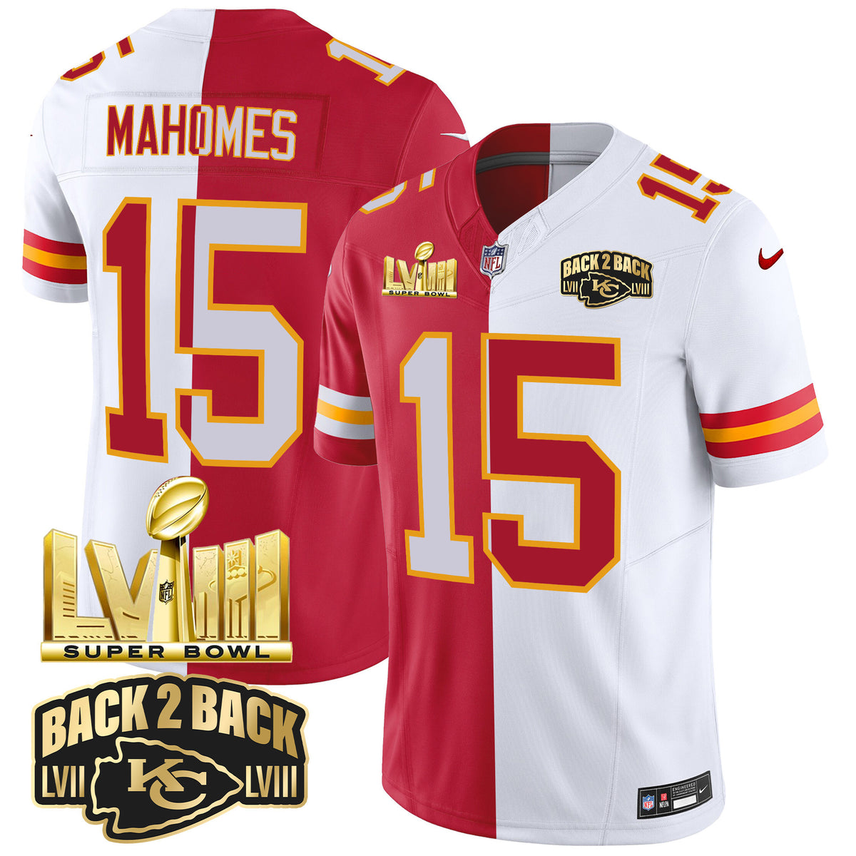 Men's Chiefs Super Bowl LVIII & Back 2 Back Gold Patch Vapor Jersey V2 - All Stitched - Split - Patrick Mahomes — view 1