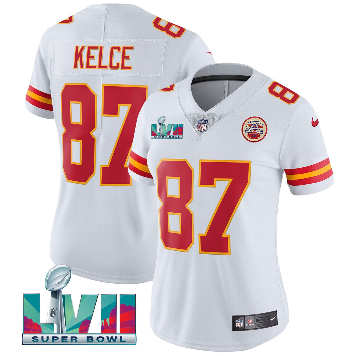 Women's Chiefs Super Bowl LVII Red Gold Vapor Jersey - All Stitched - White - Travis Kelce — view 1