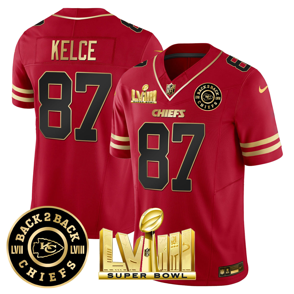 Men's Chiefs Super Bowl LVIII & Back 2 Back Patch Vapor Jersey V3 - All Stitched - Black Red - Travis Kelce — view 1