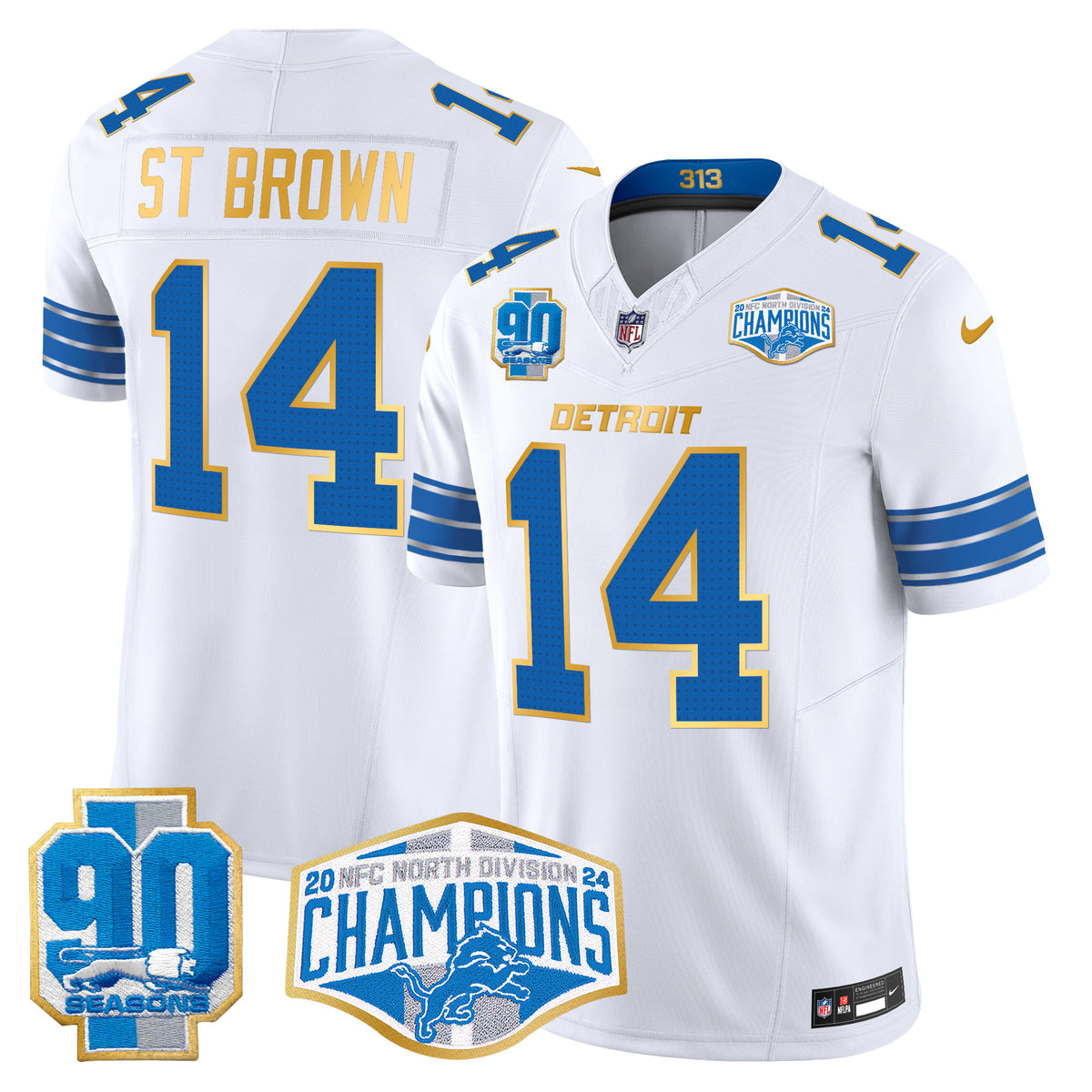 Men's Detroit Lions 2024 NFC North Division Champions Patch Gold Trim Vapor Limited Jersey - All Stitched - White - St. Brown — view 1
