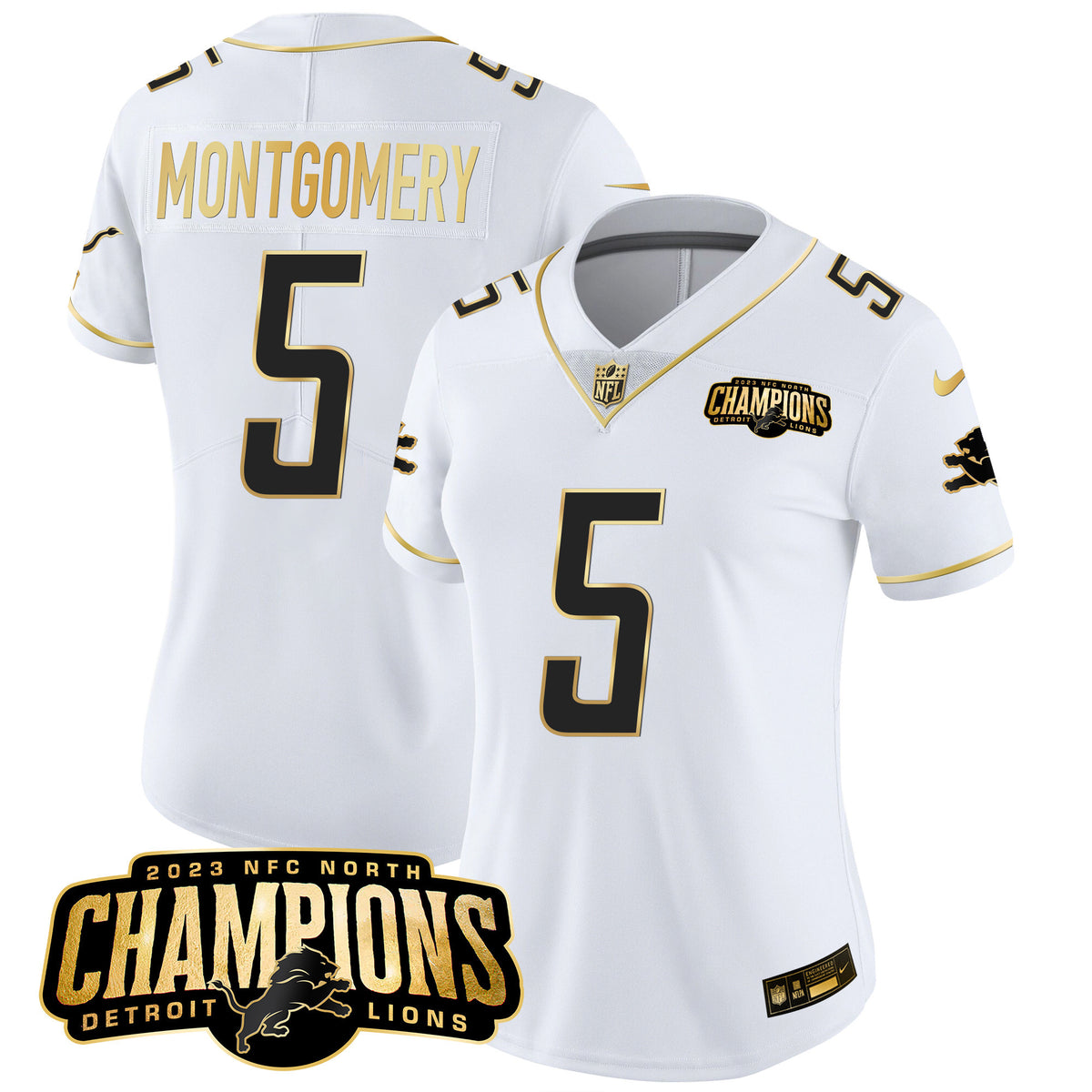 Women's Detroit Lions 2023 NFC North Champions Patch Gold Vapor Jersey - All Stitched - White Gold - David Montgomery — view 1
