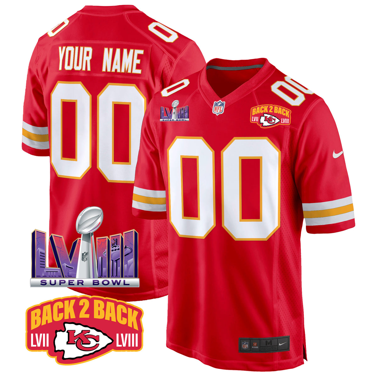 Chiefs Super Bowl LVIII & Back 2 Back Patch Game Custom Jersey - All Stitched - Red — view 1