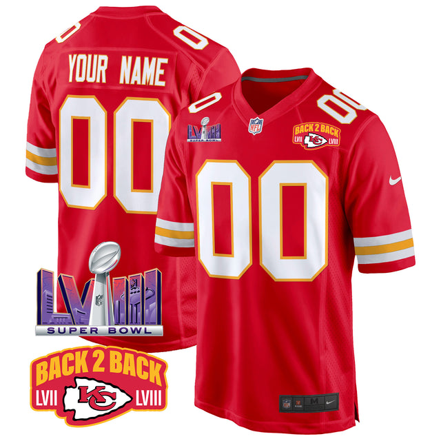 Chiefs Super Bowl LVIII & Back 2 Back Patch Game Custom Jersey - All Stitched - Red — view 1