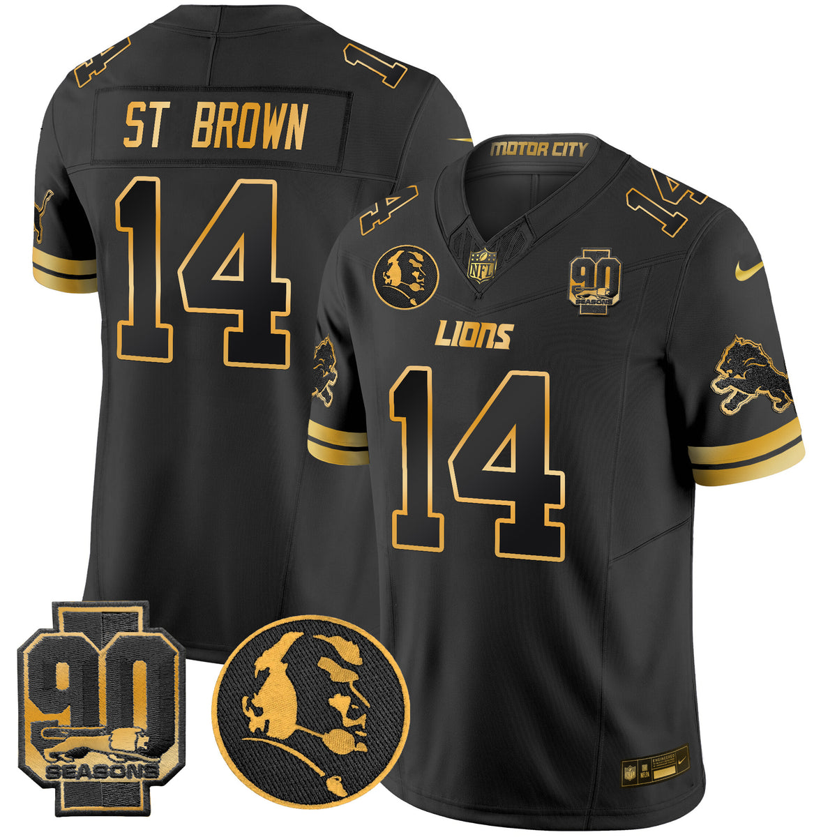 Men's Detroit Lions 2024 90th & John Madden Patch Gold Vapor Limited Jersey V2 - All Stitched - Black Gold - St. Brown — view 1
