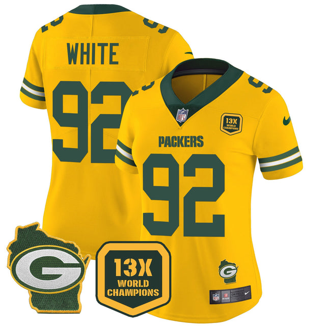 Women's Packers 13 Time World Champions & Home Patch Vapor Jersey – All Stitched - Gold - Reggie White — view 1
