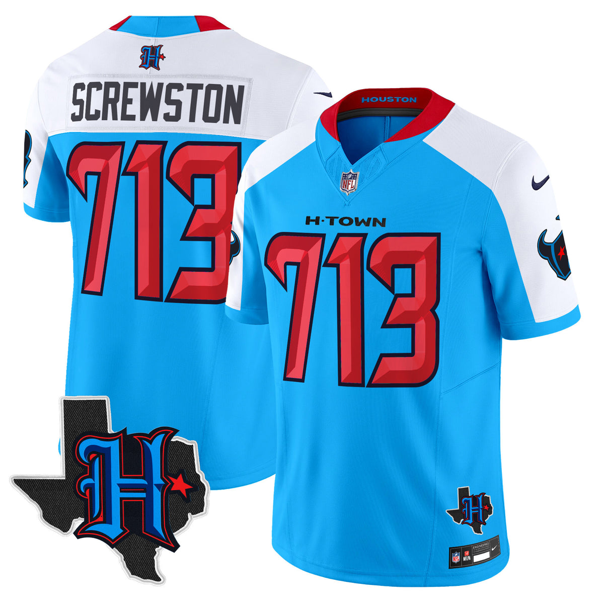 Men's Houston Texans 2024 Texas Patch Vapor Limited Jersey V2 - All Stitched - Blue Alternate - Screwston 713 — view 1