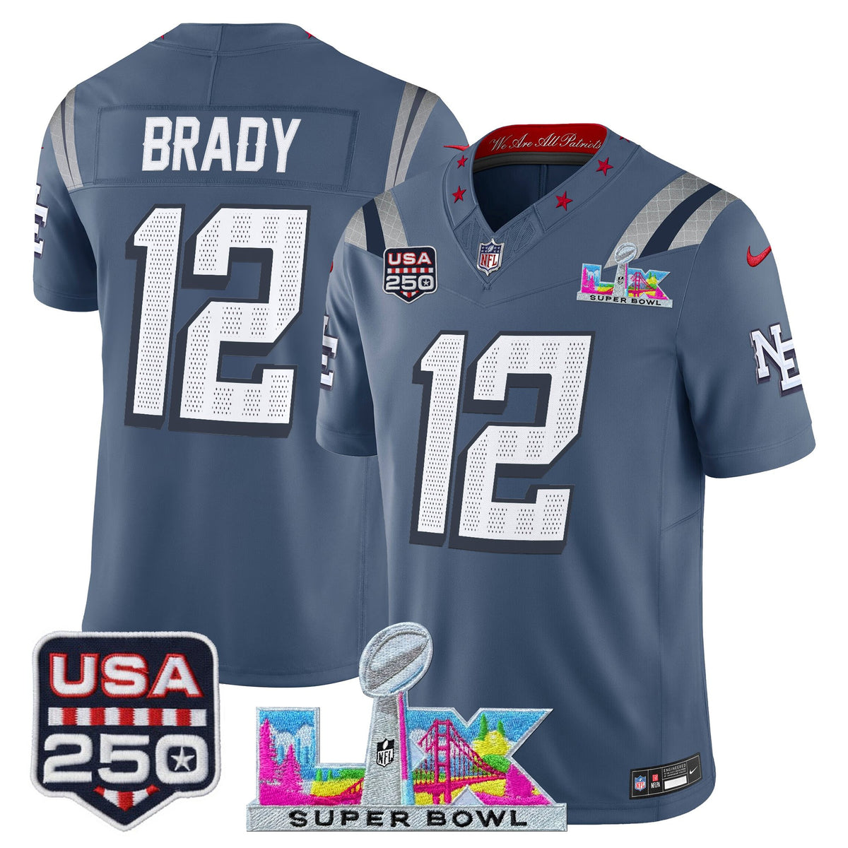 Men's New England Patriots Super Bowl LX & United States 250th Anniversary Patch Vapor Limited Jersey - All Stitched - Storm Blue - Tom Brady — view 1
