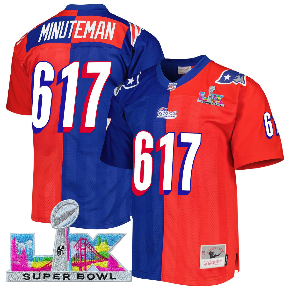 Men's New England Patriots Super Bowl LX Throwback Jersey - All Stitched - Split - Minuteman 617 — view 1