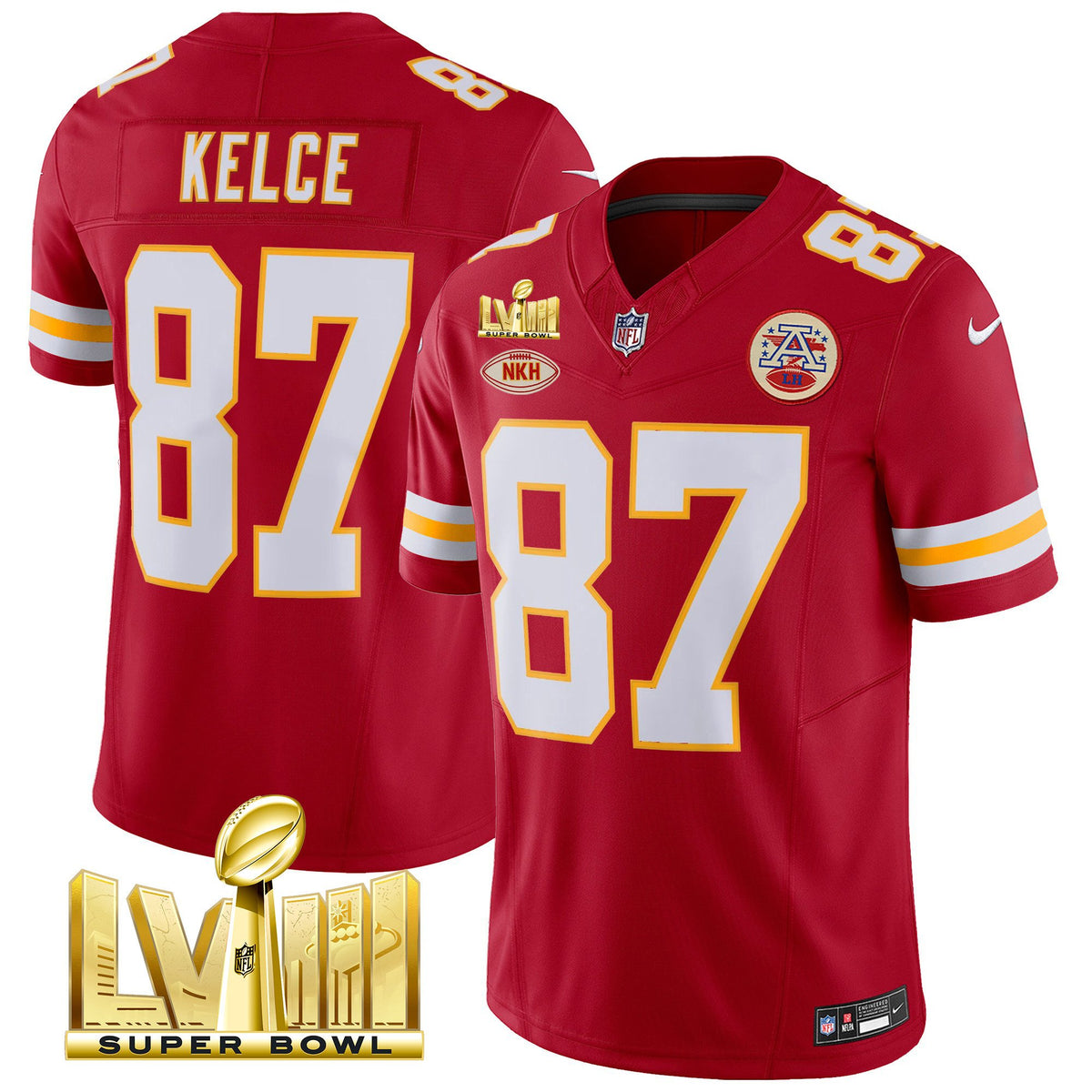 Men's Chiefs Super Bowl LVIII Gold Patch Vapor Jersey V2 - All Stitched - Red - Travis Kelce — view 1