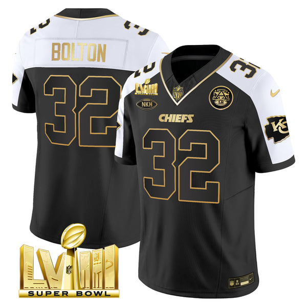 Men's Chiefs Super Bowl LVIII Gold Patch Vapor Jersey V3 - All Stitched - Alternate - Nick Bolton — view 1