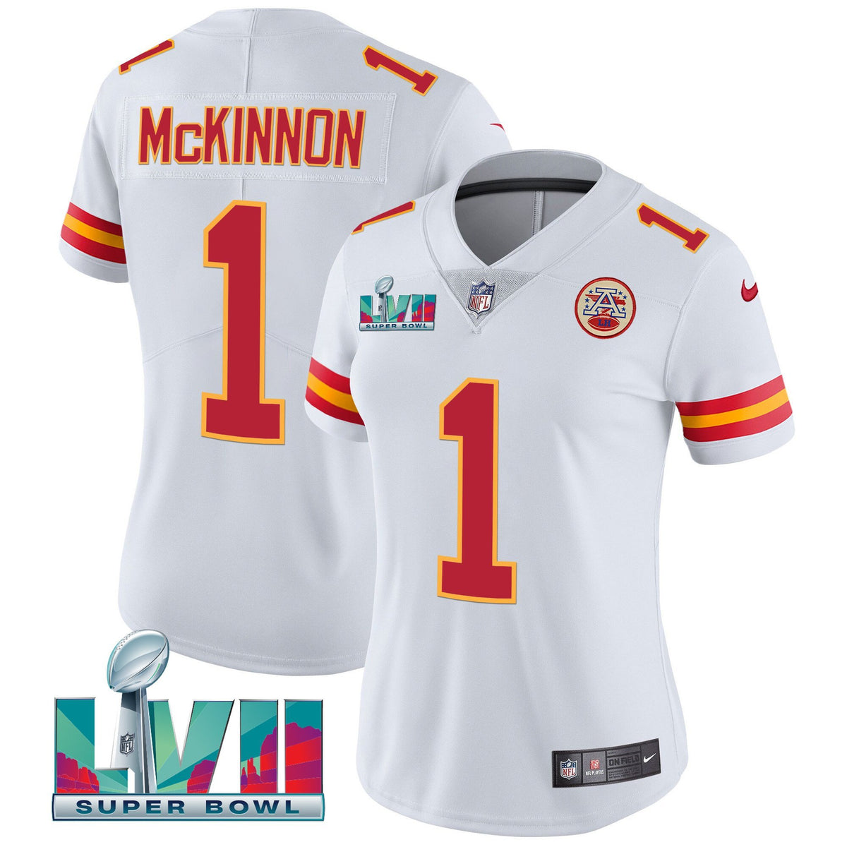 Women's Chiefs Super Bowl LVII Red Gold Vapor Jersey - All Stitched - White - Jerick McKinnon — view 1