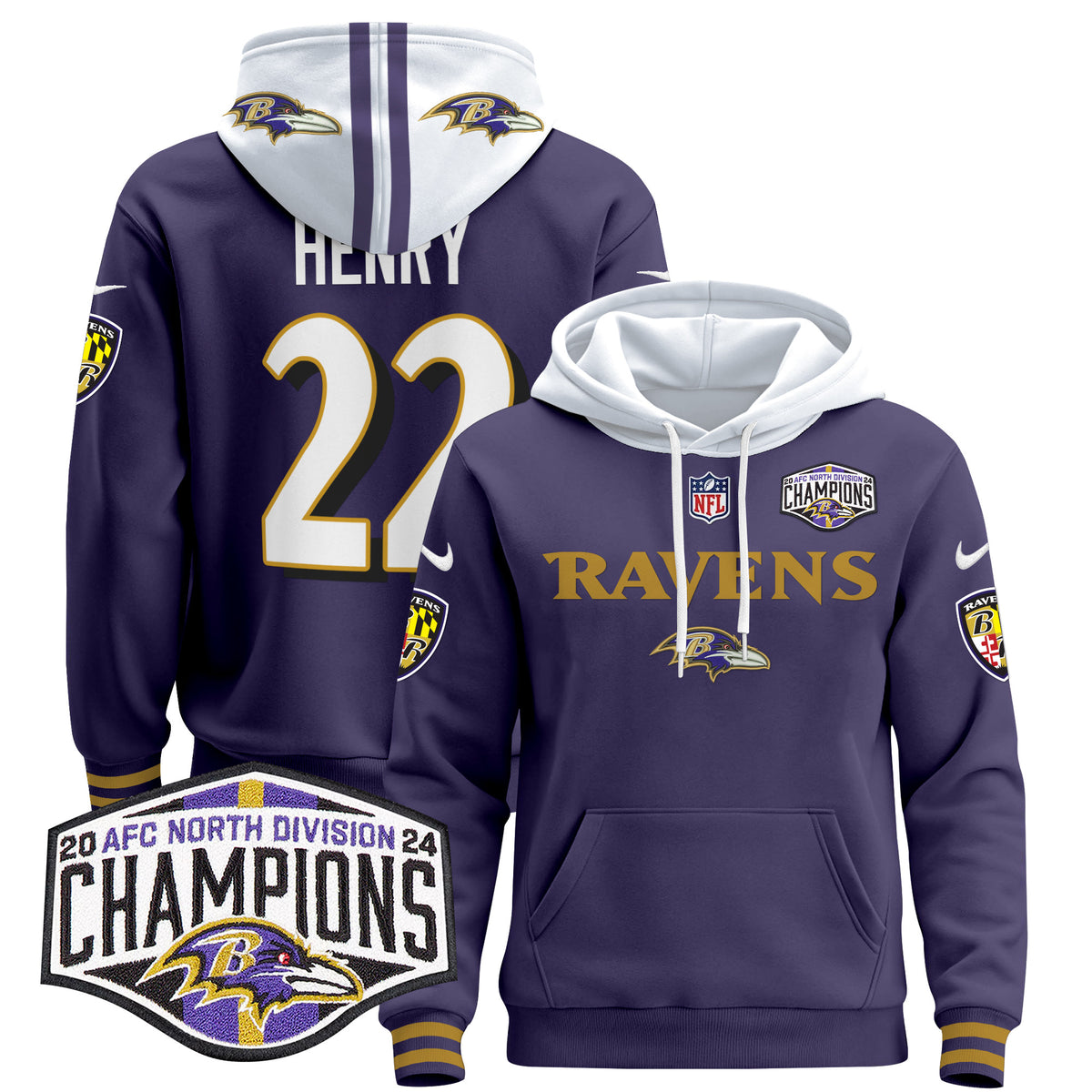 Men's Baltimore Ravens 2024 AFC North Division Champions Patch Pullover Hoodie - All Stitched - Purple - Derrick Henry — view 1