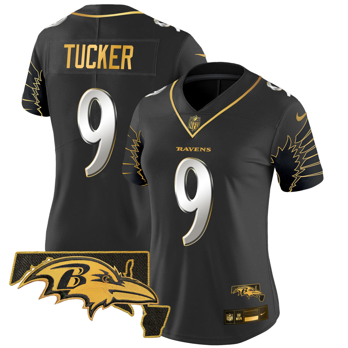 Women's Ravens Maryland Patch Gold Vapor Limited Jersey V2 - All Stitched - Black Limited - Justin Tucker — view 1