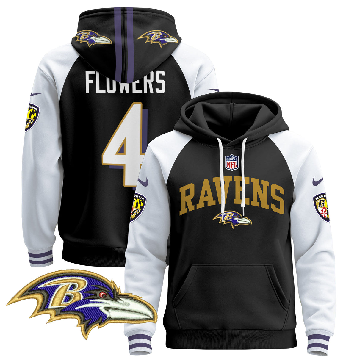 Men's Baltimore Ravens 2024 Pullover Hoodie V2 - All Stitched - Black Alternate - Zay Flowers — view 1