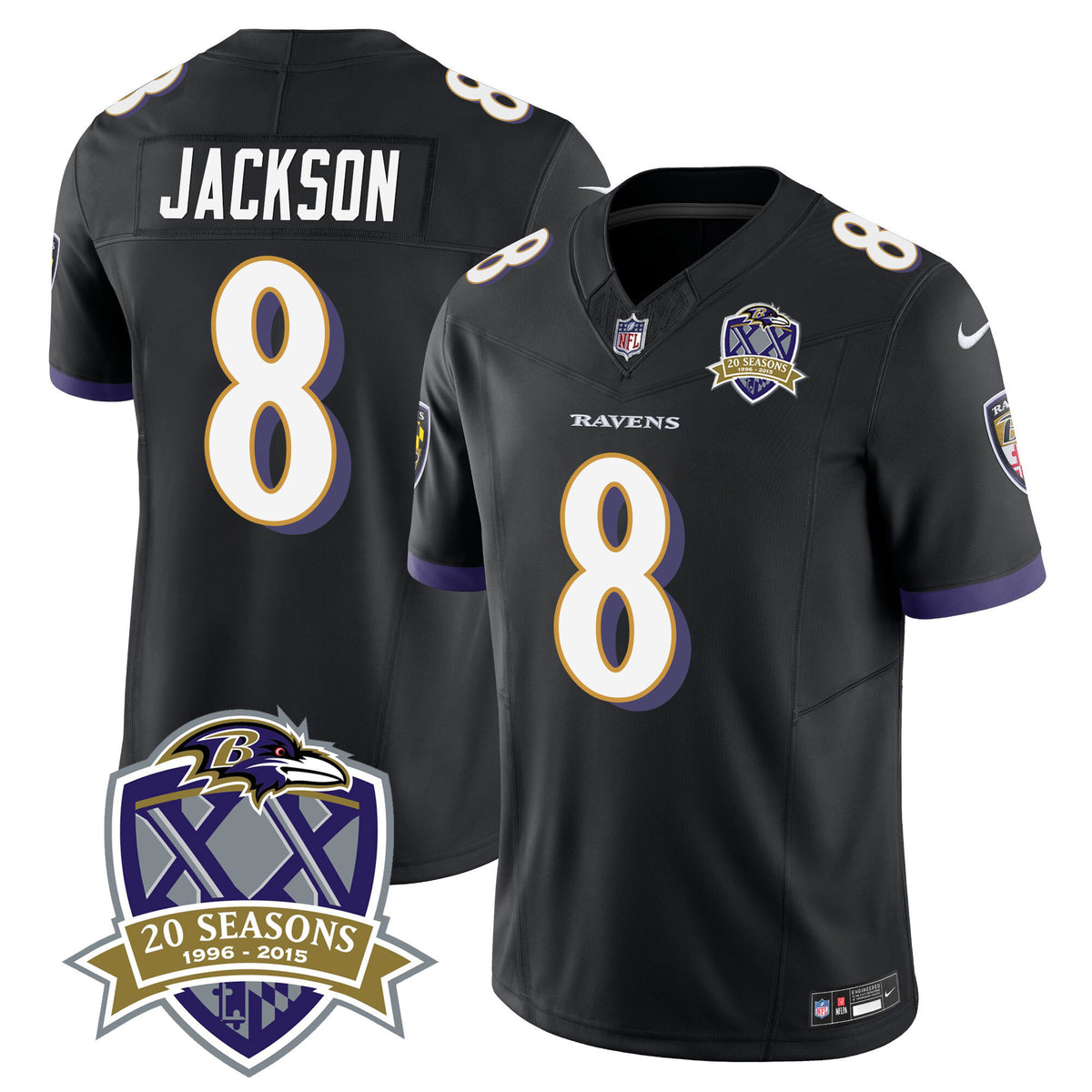 Men's Ravens 20th Season Patch Vapor Limited Jersey - All Stitched - Black - Lamar Jackson — view 1